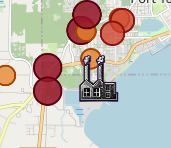 Map of recent odor reports around Port Townsend, colored by severity